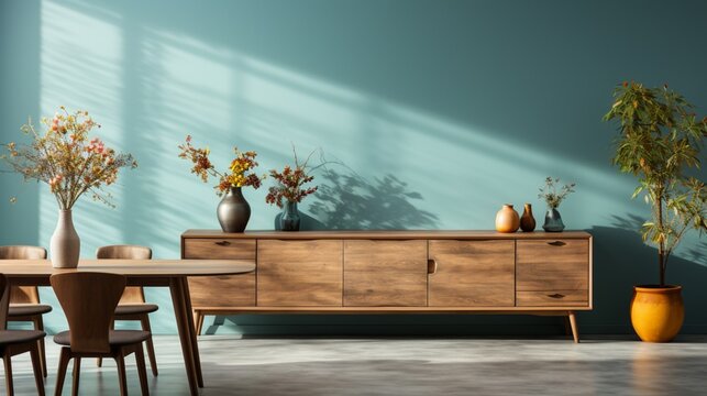 Home interior with a marble table and chairs in a modern dining room or living room, featuring a wooden sideboard over a blue wall - Powered by Adobe