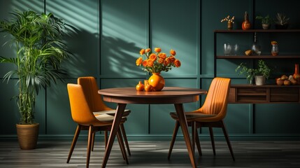 Fototapeta na wymiar Home interior with a wooden round table and chairs in a modern dining room with green and orange walls, possibly for a cafe, bar, or restaurant