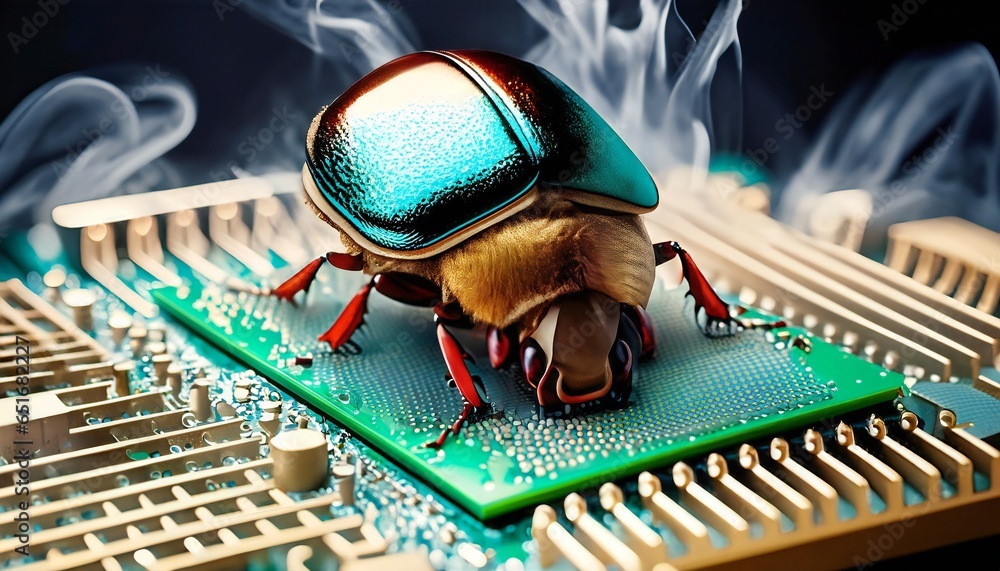 Poster beetle attacks and destroys electronics. concept of computer virus and malicious software code.