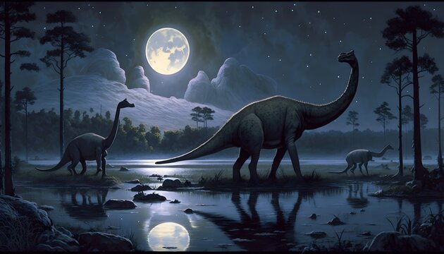 late cretaceous dinosaur herbivores grazing in a swampy prehistoric forest full moon dusk dinosaurs quadrapeds thick leathery skin long heavy limbs long neck long tail beak bill herbivore tall 