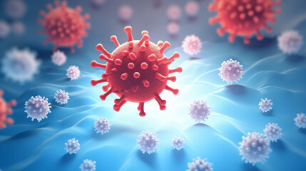 Influenza virus close-up in cartoon style . Corona virus spread concept. - obrazy, fototapety, plakaty
