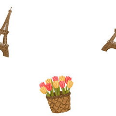 Watercolor seamless pattern with the Eiffel tower and a basket of yellow and pink tulips. Hand drawn floral French country print. For textiles