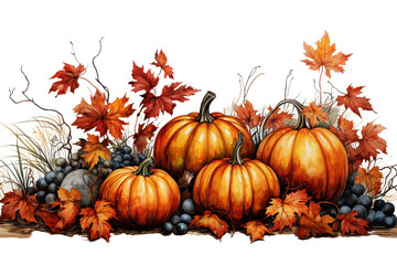 Watercolor pumpkin and autumn leaves. Pastel oil painting illustration isolated on transparent background.