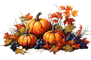 Watercolor pumpkin and autumn leaves. Pastel oil painting illustration isolated on transparent background.