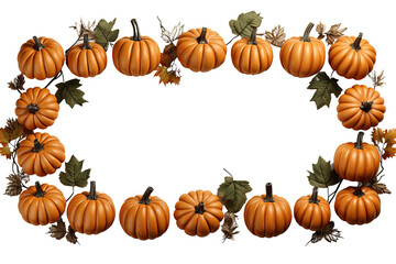 Halloween Festive autumn frame of pumpkins and leaves on white background. The concept of Thanksgiving or Halloween