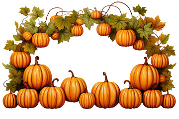 Festive autumn frame of pumpkins and leaves on white background. The concept of Thanksgiving or Halloween