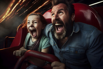 Father and daughter shouting and laughing in a rollercoaster having fun in amusement park. Family enjoying spending time together having emotions - obrazy, fototapety, plakaty