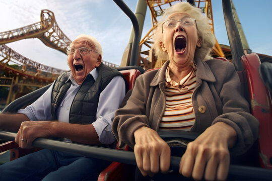 Elderly Couple, Old Man And Woman, Shouting In A Rollercoaster Having Fun In Amusement Park. Old People Enjoying Life Having Strong Emotions