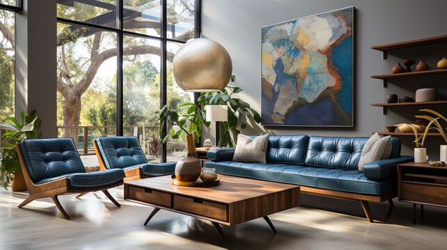In a mid-century style home interior design of a modern living room, a white sofa and blue leather chairs are arranged near a wooden coffee table