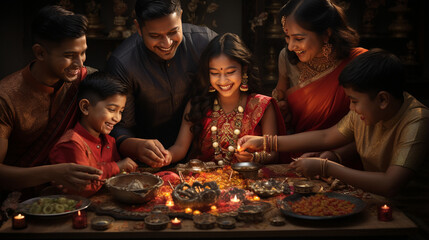 Obraz na płótnie Canvas In this vibrant photograph a family gathers together on Raksha Bandhan adorning themselves in trad