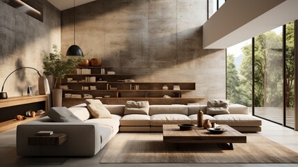 In a minimalist loft home interior design of the modern living room, a beige sofa occupies a spacious room with stucco walls