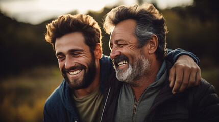 In the photo a father is embracing his adult son experiencing happiness joy and pride on Father' - obrazy, fototapety, plakaty