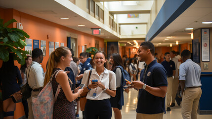 A busy hallway bustling with students reconnecting with friends exchanging stories of their summer