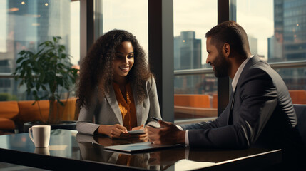 An Indian male CEO and a female African American financial manager are collaborating on investment o