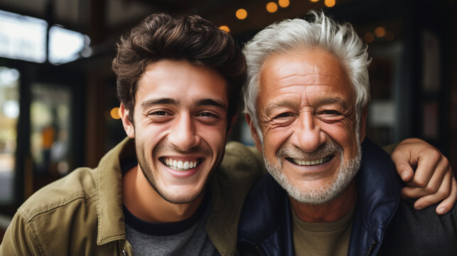 In the photo a father is embracing his adult son experiencing happiness joy and pride on Father'