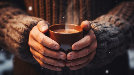 A pair of mittened hands holding a steaming cup of cocoa. - obrazy, fototapety, plakaty