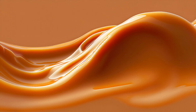 Delicious melted caramel texture. Flow, wave and drops splash caramels sauce. Sweet food design background.