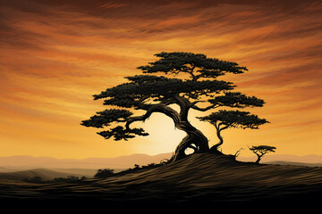 Fototapeta na wymiar A solitary black cypress three standing tall against a golden sunset sky created with Generative Ai