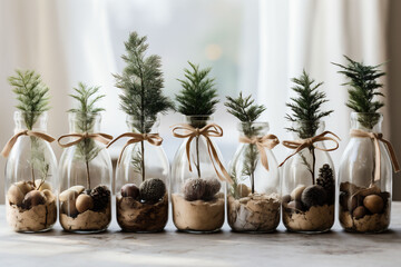 Spruce, pine and juniper seedlings in glass jars. Eco friendly sustainable Christmas gifts. Reforestation, deforestation and sustainability concept. Copy space - obrazy, fototapety, plakaty