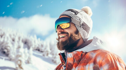 stockphoto, photography of happy man wear sunglasses spending weekend at ski resort winter holiday concept. Winter sports