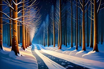 A snowy forest glade illuminated by a trail of lanterns, leading to a hidden Christmas tree grove. - obrazy, fototapety, plakaty