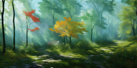 Obraz na płótnie Canvas Mostly green deciduous forest shadowed under sunlight, Generative AI