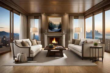 Fototapeta premium A cozy living room with a roaring fireplace, hanging by the chimney, and soft Christmas carols playing in the background.