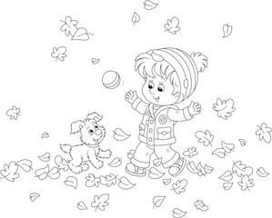 Happy little boy and his merry pup playing with a small ball among fallen leaves on a walk in an autumn park, black and white outline vector cartoon illustration for a coloring book page