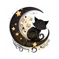 beautiful crescent moon with a wild black cat chibi niji stars sticker isolated on white background 