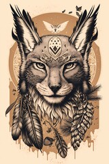Patterned head of lynx wild cat isolated on grunge background