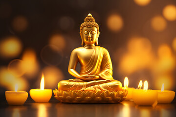 Buddha statue among candles and lotus flowers, blurred golden background