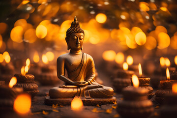Buddha statue among candles, blurred background 2