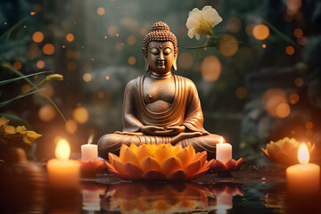 Buddha statue among candles and lotus flowers, blurred background 1 - obrazy, fototapety, plakaty