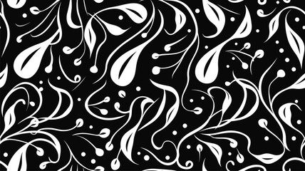 Vector seamless black and white pattern with drops. Monochrome abstract floral background.