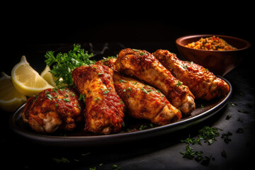 Spicey chicken drumsticks with herbs recipe intricately detailed, AI Generated