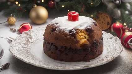 Fototapeta na wymiar Christmas pudding decorated with powder sugar