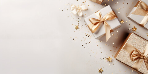 Beautifully packaged New Year's gifts with golden bows and scattered sparkling stars, Christmas and New Year, copyspace, Christmas Eve concept