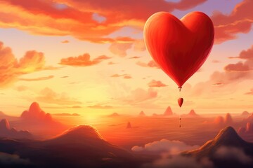 Fototapeta premium Red heart shaped hot air balloon flies into the sunset sky with clouds