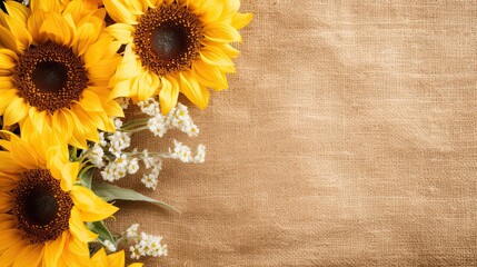 Bright sunflowers and baby's breath on a burlap texture. Retain a clear diamond-shaped space in the center.