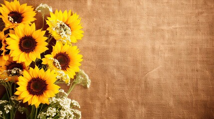 Bright sunflowers and baby's breath on a burlap texture. Retain a clear diamond-shaped space in the center.