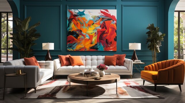 In a modern living room with art deco style home interior design, there's a chic white curved tufted sofa and pouf against teal classic wall panels adorned with a vibrant colorful art poster