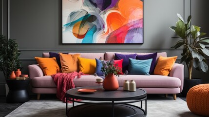 In a modern living room with Scandinavian-style interior design, there's a black round coffee table near a beige sofa with multicolored pillows