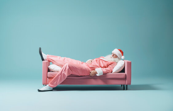 Santa Clause resting on the sofa in a pink suit. Merry Christmas background. Ai generated image