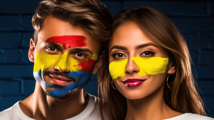 A Colombian couple has the national flag painted on their faces.