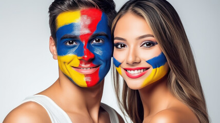 A Colombian couple has the national flag painted on their faces.