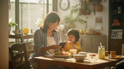Asian child use Mobile Phone in the living room with mom and eating breakfast - obrazy, fototapety, plakaty