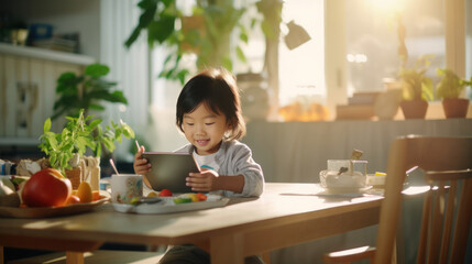 Asian child use Mobile Phone in the living room and eating breakfast - obrazy, fototapety, plakaty