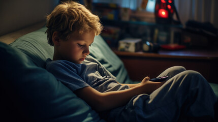 Obraz premium The child use smart phone in the living room