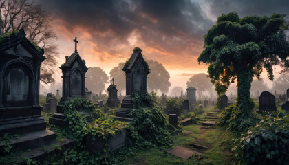 Vue panoramique sur les tombes d'un cimetière inquiétant au coucher du soleil - obrazy, fototapety, plakaty