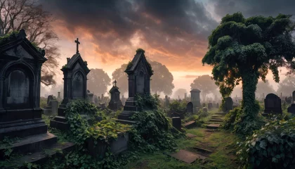 Fotobehang Vue panoramique sur les tombes d'un cimetière inquiétant au coucher du soleil © Morgan